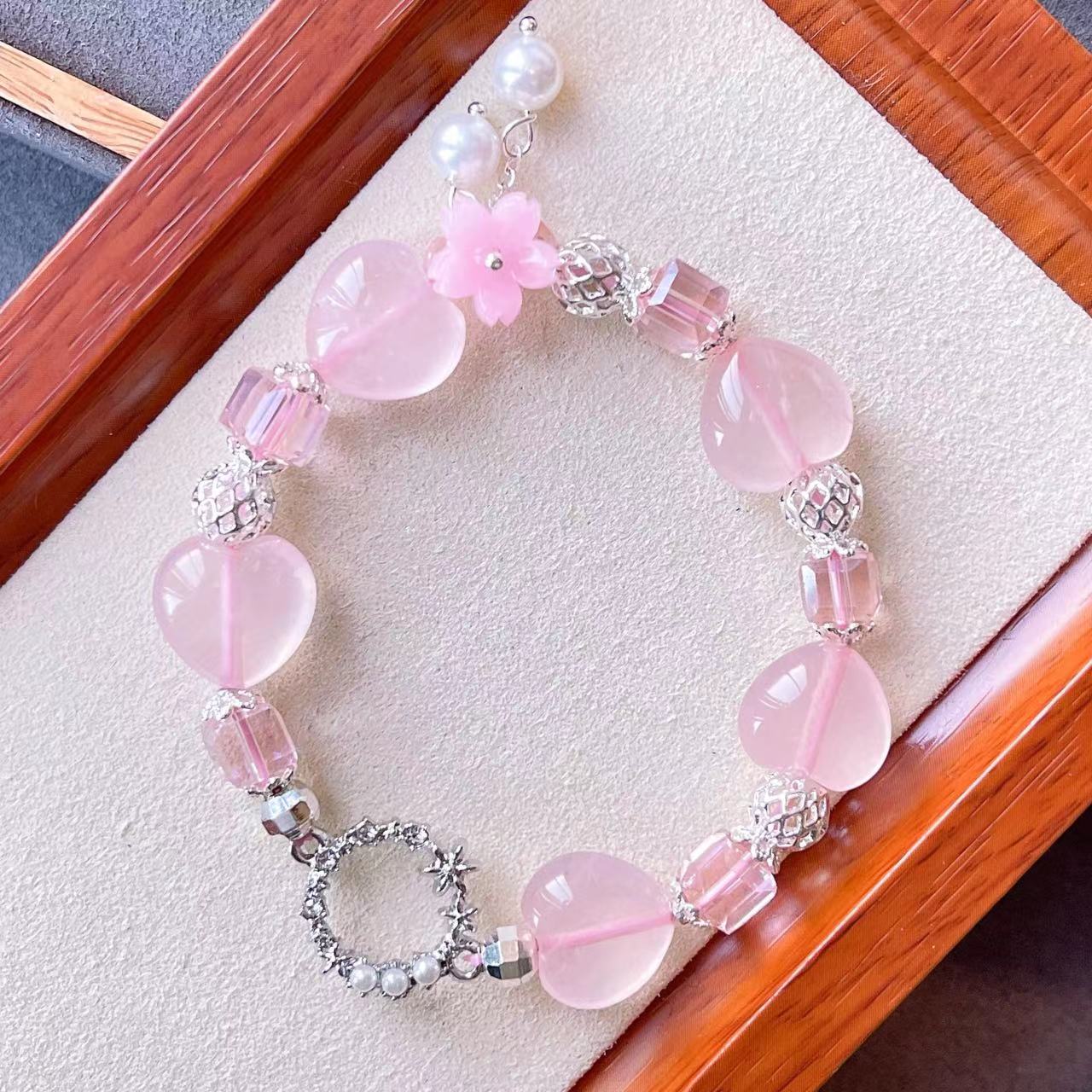 アイスローズクォーツビッグラブハートパールブレスレット